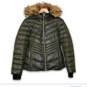 Andrew Marc Dark Green Puffer Jacket with  raccoon fur Trim size M